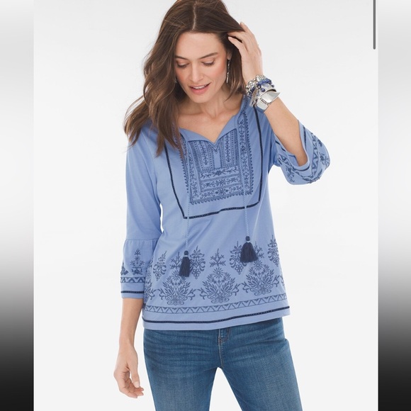 ☑️NWT Chico’s Embroidered Peasant Blouse Tie Tassels 3/4 Bell Sleeve XL 3 - Picture 2 of 9